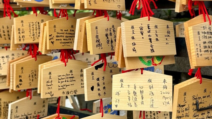 Wooden plaques with wishes hang on a wall.